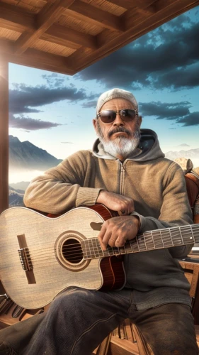 merle black,cavaquinho,merle,digital compositing,elderly man,itinerant musician,luthier,pensioner,slide guitar,bouzouki,old man,guitar player,acoustic guitar,blues harp,banjo player,grandfather,dulcimer,cd cover,photo manipulation,stringed instrument