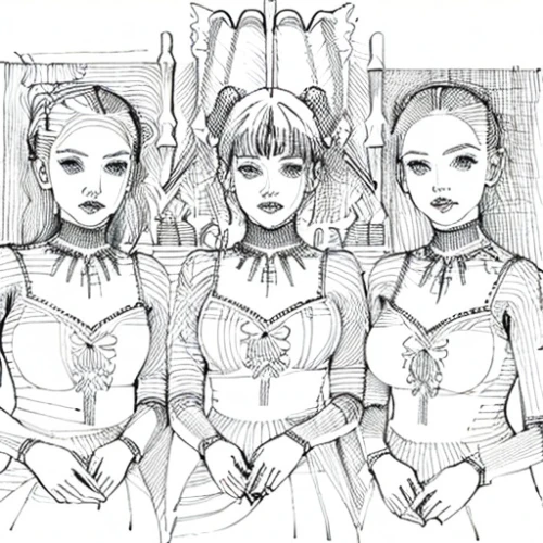 halloween line art,trio,the three graces,porcelain dolls,dolls,sewing pattern girls,vintage girls,vintage drawing,trinity,nuns,angel line art,mono line art,hand-drawn illustration,joint dolls,paper dolls,perfume,angels of the apocalypse,mono-line line art,sirens,victorian style