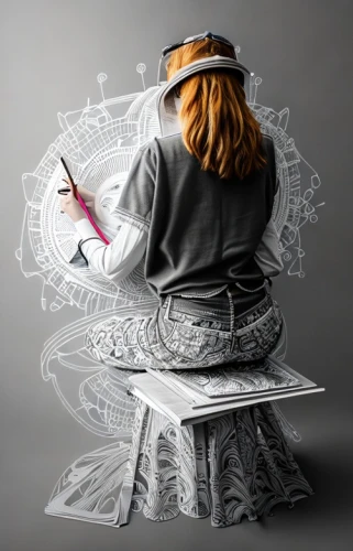 drawing with light,blonde woman reading a newspaper,paper art,girl studying,chalk drawing,reading magnifying glass,woman thinking,table artist,writing or drawing device,girl drawing,sci fiction illustration,illustrator,conceptual photography,drawing course,women in technology,fashion illustration,woman sitting,image manipulation,digital compositing,photo manipulation