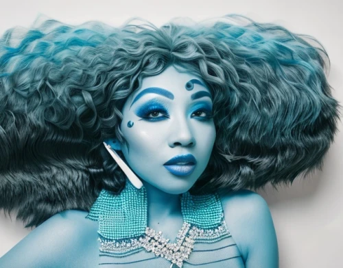 blue enchantress,blu,ice queen,fantasy portrait,jasmine blue,the snow queen,violet head elf,bodypainting,artificial hair integrations,afro-american,blue monster,blue painting,cleopatra,aquarius,afroamerican,afro,bluish,blue hair,silvery blue,blue background