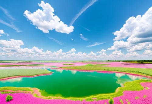 acid lake,salt pan,salt evaporation pond,colorful water,sulfur cosmos,salt pans,cosmos field,blooming field,flowerful desert,flower water,saltpan,salt farm,salt field,flower field,salt meadow landscape,everglades,swampy landscape,heaven lake,volcanic lake,aaa