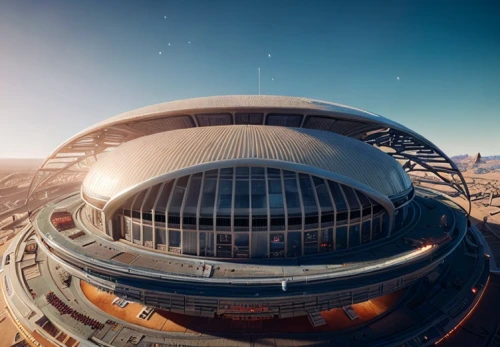 stadium falcon,soccer-specific stadium,football stadium,musical dome,stadium,super bowl,futuristic architecture,district 9,dome,emirates,spaceship space,starship,spaceship,sky space concept,solar cell base,alien ship,radio telescope,stade,airships,dome roof