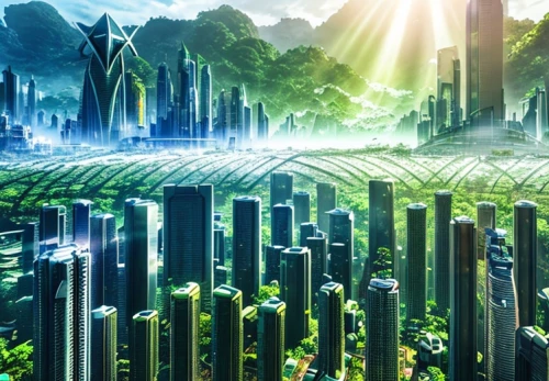 futuristic landscape,terraforming,alien world,green forest,cube background,bamboo forest,aaa,patrol,fantasy city,metropolis,fractal environment,eco,fantasy landscape,earth,green wallpaper,green energy,ancient city,solar field,green valley,bamboo plants