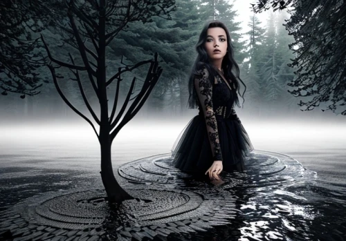 swath,the enchantress,mourning swan,gothic woman,sorceress,rusalka,the night of kupala,gothic dress,gothic fashion,elven,gothic portrait,dark gothic mood,black water,weeping willow,lilly pond,water-the sword lily,mirror of souls,celtic queen,the witch,shamanism