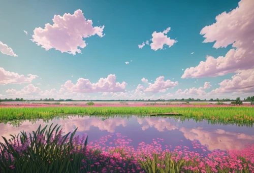 blooming field,pink grass,virtual landscape,flower field,landscape background,meadow landscape,purple landscape,field of flowers,cosmos field,plains,springtime background,meadow in pastel,sky,salt meadow landscape,flowers field,spring background,lavender field,fantasy landscape,summer meadow,grasslands