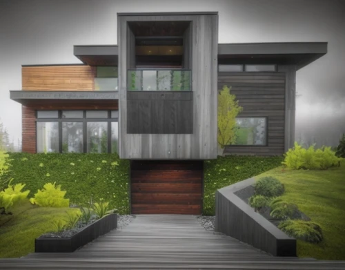 modern house,mid century house,3d rendering,wooden house,timber house,cubic house,inverted cottage,garden elevation,house drawing,eco-construction,modern architecture,render,dunes house,cube stilt houses,new england style house,stilt house,cube house,two story house,residential house,smart house