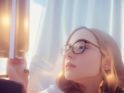 girl studying,reading glasses,spectacles,lens flare,librarian,glasses,with glasses,morning light,goldenlight,wonder,study,golden light,scene lighting,light effects,sunlight,romantic portrait,spectacle,light of art,3d render,eye glasses