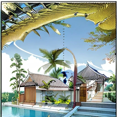 tropical house,bali,seminyak,asian architecture,resort,holiday villa,pool house,hua hin,kohphangan,nusa dua,tropical island,vietnam,sanya,outdoor pool,coconut tree,phuket province,maldives mvr,holiday complex,swimming pool,3d rendering