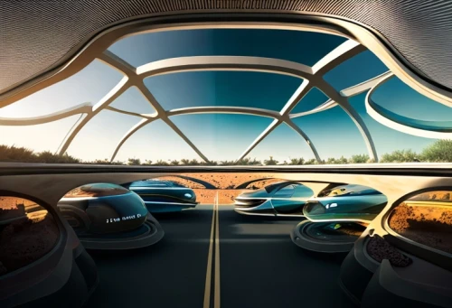 futuristic architecture,ufo interior,futuristic landscape,futuristic art museum,sky space concept,futuristic car,car roof,car interior,car train,honeycomb structure,open-plan car,roof domes,transport hub,the vehicle interior,volkswagen beetlle,underground car park,skyway,passenger cars,glass roof,overpass