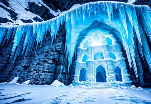 ice castle,ice hotel,ice cave,ice wall,icicle,icemaker,icicles,hall of the fallen,ice crystal,ice landscape,glacier cave,wall,ice queen,ice planet,frozen ice,ice,eternal snow,ice climbing,snow house,frozen