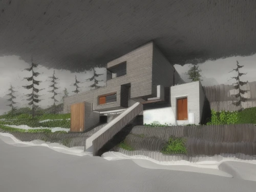 render,house in mountains,3d rendering,inverted cottage,modern house,cubic house,snow house,house in the mountains,mountain hut,dunes house,3d render,mountain huts,3d rendered,house in the forest,exposed concrete,snow roof,winter house,mid century house,ravine,residential house