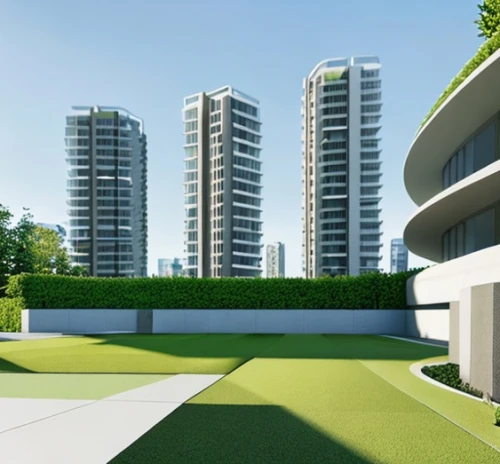 artificial grass,garden design sydney,golf lawn,residential tower,sky apartment,landscape design sydney,artificial turf,3d rendering,roof landscape,modern architecture,block balcony,green living,concrete slabs,landscape designers sydney,grass roof,terraces,concrete blocks,condominium,residential,new housing development