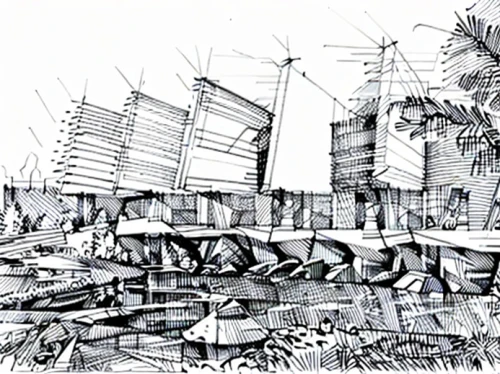 fish traps,boat yard,ship yard,industrial landscape,destroyed city,boat landscape,fishing boats,harbor cranes,industrial ruin,structures,trireme,artificial island,ship wreck,boatyard,sawmill,cargo port,container cranes,boats in the port,hand-drawn illustration,port cranes