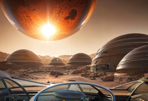 futuristic landscape,gas planet,exoplanet,alien planet,terraforming,planet mars,desert planet,red planet,alien world,mission to mars,sci fiction illustration,planet eart,space art,binary system,spheres,inner planets,solar cell base,venus surface,sci fi,science fiction