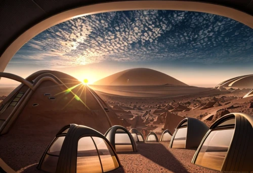 futuristic landscape,stargate,sky space concept,ufo interior,musical dome,alien world,space tourism,parabolic mirror,alien planet,virtual landscape,roof domes,planetarium,mission to mars,exoplanet,camping tents,solar cell base,futuristic architecture,space art,panoramical,moon valley