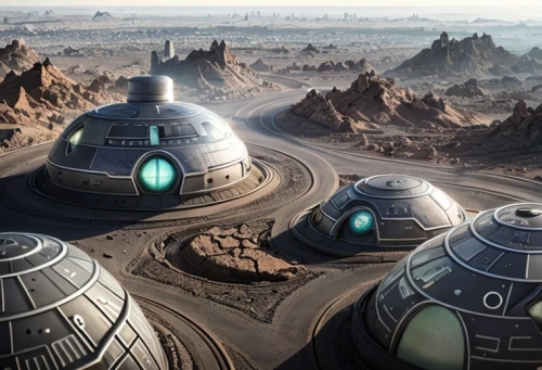 roof domes,futuristic landscape,futuristic architecture,alien world,alien planet,sci fi,solar cell base,desert planet,sci-fi,sci - fi,area 51,scifi,terraforming,futuristic art museum,science-fiction,space ships,moon valley,stone desert,exoplanet,ancient city