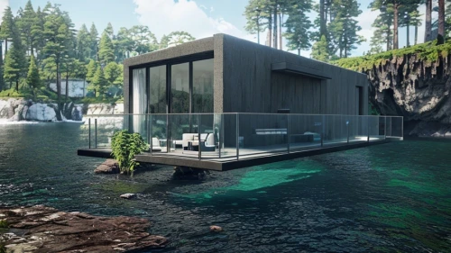 house by the water,house with lake,inverted cottage,floating huts,aqua studio,pool house,cubic house,houseboat,summer cottage,boat house,cube stilt houses,boathouse,3d rendering,render,the cabin in the mountains,summer house,luxury property,modern house,cube house,eco-construction