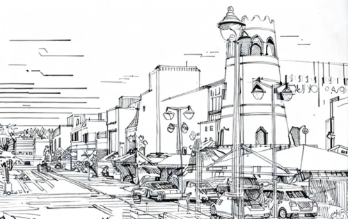 nizwa souq,sharjah,nizwa,townscape,khobar,souq,mono-line line art,line drawing,heliopolis,doha,baghdad,al nahyan grand mosque,the cairo,croydon facelift,city scape,minarets,street plan,muscat,lahore,cairo