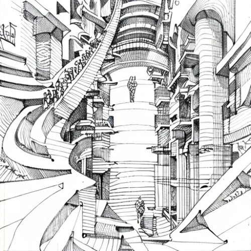 escher,winding staircase,biomechanical,spiral staircase,kirrarchitecture,circular staircase,panoramical,mechanical,mono-line line art,metropolis,panopticon,descend,multi-storey,line drawing,isometric,vertigo,helix,line-art,staircase,stairway