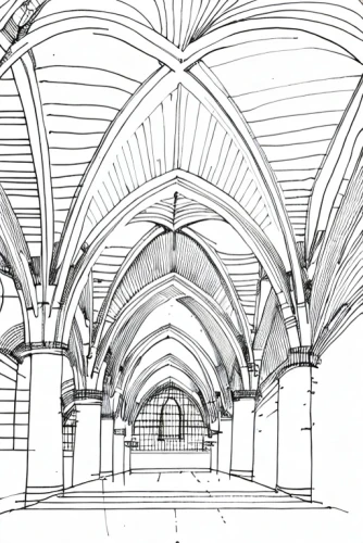 vaulted ceiling,hall roof,colonnade,pergola,entablature,covered market,roof truss,line drawing,arches,roof structures,dome roof,market hall,burr truss,three centered arch,kirrarchitecture,daylighting,frame drawing,stalls,under the roof,arcades