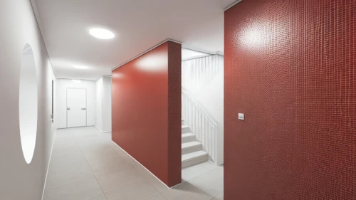 hallway space,wall plaster,room divider,search interior solutions,3d rendering,red wall,wall completion,structural plaster,walk-in closet,wall panel,hallway,tiled wall,core renovation,metallic door,recessed,render,tile flooring,contemporary decor,interior decoration,ceramic tile