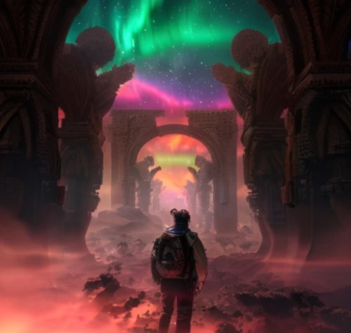 hall of the fallen,door to hell,portal,pilgrimage,stargate,sci fiction illustration,temple fade,fantasy picture,astral traveler,aurora borealis,gateway,the pillar of light,archway,nebula guardian,heaven gate,ascension,star-lord peter jason quill,cg artwork,arc,space art