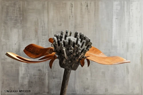 steel sculpture,wooden saddle,ikebana,decorative fan,saddle,corten steel,seed-head,scrap sculpture,decorative art,bronze sculpture,propeller,war bonnet,cloves schwindl inge,garden sculpture,wood flower,united propeller,achille's heel,modern decor,copper utensils,brown cap