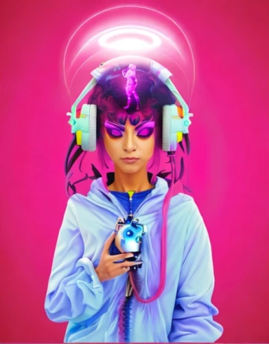 women in technology,girl at the computer,electronic music,spotify icon,cyberpunk,music player,wireless headset,headphone,virtual identity,headset,girl with speech bubble,cybernetics,cyberspace,electronic,computer icon,audio player,listening to music,tiktok icon,streampunk,computer art