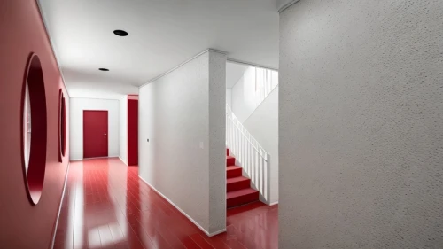 hallway space,hallway,red wall,corridor,search interior solutions,wall plaster,outside staircase,contemporary decor,stairwell,interior decoration,recessed,sliding door,3d rendering,the threshold of the house,wall,home interior,interior design,red paint,interior modern design,structural plaster