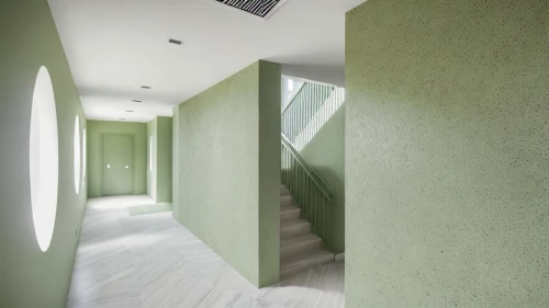 hallway space,concrete ceiling,stucco ceiling,structural plaster,ceiling ventilation,wall plaster,daylighting,stucco wall,hallway,ceiling construction,wall light,ceiling light,stairwell,ceiling lighting,core renovation,outside staircase,wall lamp,exposed concrete,stucco frame,sand-lime brick