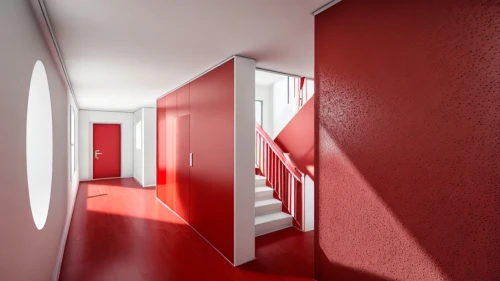 hallway space,red wall,daylighting,3d rendering,hallway,search interior solutions,corridor,red paint,room divider,interior decoration,red place,wall,interior design,visual effect lighting,stairwell,3d render,interior modern design,light red,render,metallic door
