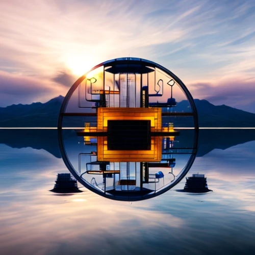porthole,mirror house,parabolic mirror,portals,water wheel,hamster wheel,water mirror,stargate,reflection in water,lens reflection,circular,floating huts,bicycle wheel,lensball,houseboat,ship's wheel,ships wheel,floating over lake,round window,reflection of the surface of the water