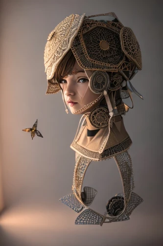 steampunk,3d fantasy,beekeeper,mushroom hat,danbo,the hat-female,girl with bread-and-butter,fantasy portrait,butterfly isolated,acorn,the hat of the woman,cupido (butterfly),child fairy,gingerbread girl,girl wearing hat,scrap sculpture,pinocchio,little girl fairy,3d figure,delicate insect