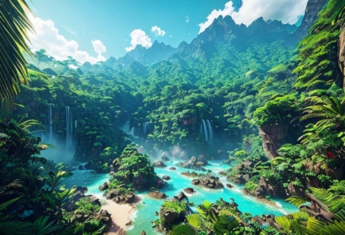 oasis,tropical jungle,jungle,underwater oasis,rainforest,tropical island,lagoon,green valley,ravine,forests,fractal environment,landscape background,valley,idyllic,green waterfall,rain forest,ash falls,green forest,the forests,virtual landscape