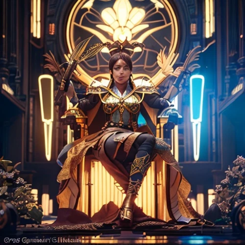 symetra,the throne,queen cage,lakshmi,throne,emperor,queen crown,regal,goddess of justice,cosplay image,mulan,garuda,artemisia,valerian,athena,el dorado,paysandisia archon,golden crown,asian costume,cassiopeia