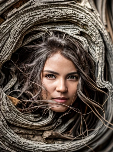 portrait photographers,girl in a wreath,woman of straw,portrait photography,cave girl,cardboard background,artificial hair integrations,hiding,management of hair loss,steel wool,tuba,uprooted,knothole,scrap photo,women's eyes,photographic background,wooden rings,portrait background,steelwool,corrugated cardboard
