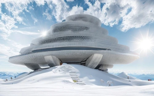 snowhotel,schilthorn,buzludzha,futuristic architecture,snow roof,titlis,solar cell base,snow house,ice hotel,avalanche protection,snow shelter,futuristic art museum,the polar circle,sky space concept,breithorn,säntis,south pole,snow ring,snow mountain,ortler winter