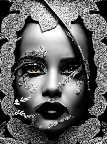 filigree,biomechanical,dark art,photomontage,queen of the night,mirror of souls,gold foil art,fractals art,voodoo woman,gothic portrait,paper art,masquerade,gothic woman,digital artwork,digital scrapbooking,african art,gothic style,fractalius,facets,geisha girl
