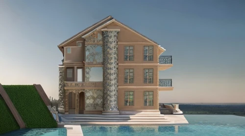 pool house,3d rendering,house with lake,model house,luxury property,house by the water,modern house,villa,residential tower,luxury real estate,floating island,two story house,sky apartment,holiday villa,summer house,cubic house,residential house,frame house,dunes house,garden elevation