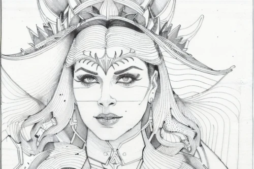 queen cage,priestess,headdress,mono-line line art,the enchantress,pencil and paper,fantasy woman,line-art,angel line art,sorceress,line art,darth talon,star mother,headpiece,pencil drawing,lineart,goddess of justice,hand-drawn illustration,line drawing,head woman