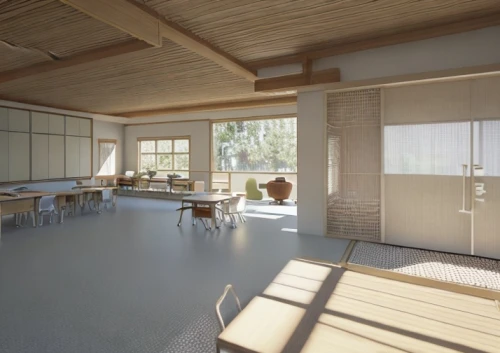 school design,japanese-style room,daylighting,3d rendering,core renovation,modern kitchen interior,kitchen interior,ryokan,modern room,loft,kitchen design,modern kitchen,home interior,danish house,classroom,gymnastics room,render,archidaily,timber house,dunes house