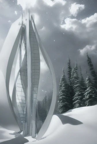 futuristic architecture,snowhotel,futuristic art museum,ice hotel,snow house,futuristic landscape,snow shelter,winter house,sky space concept,infinite snow,cubic house,snow ring,snow roof,snow slope,stargate,3d rendering,snow globe,render,arhitecture,glass building