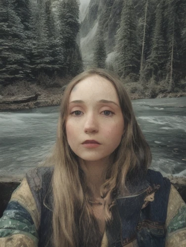 mystical portrait of a girl,elven,girl on the river,fantasy portrait,the blonde in the river,elven forest,violet head elf,winterblueher,natural cosmetic,portrait background,boreal,nordic,aurora,celtic queen,custom portrait,bran,skyrim,silphie,myra,faerie