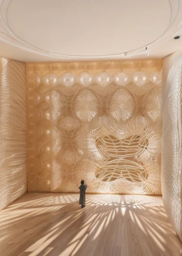 bamboo curtain,ufo interior,room divider,patterned wood decoration,ceiling construction,interior design,capsule hotel,interior decoration,contemporary decor,theater curtain,soumaya museum,gold wall,archidaily,interior modern design,theater curtains,building honeycomb,interior decor,3d rendering,stucco ceiling,modern decor