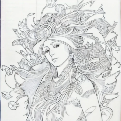 dryad,mucha,headdress,laurel wreath,girl in a wreath,radha,feather headdress,botticelli,headpiece,krishna,rusalka,line-art,flora,art nouveau design,line art wreath,art nouveau,indian headdress,tiger lily,celtic queen,coloring picture