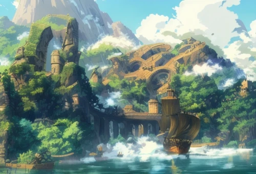 water castle,meteora,studio ghibli,ancient city,fantasy landscape,floating island,floating islands,background with stones,water palace,flying island,high landscape,imperial shores,wasserfall,the ruins of the,bird kingdom,fantasy world,aqua studio,underwater oasis,ruined castle,mountain settlement,Common,Common,Japanese Manga,Common,Common,Japanese Manga