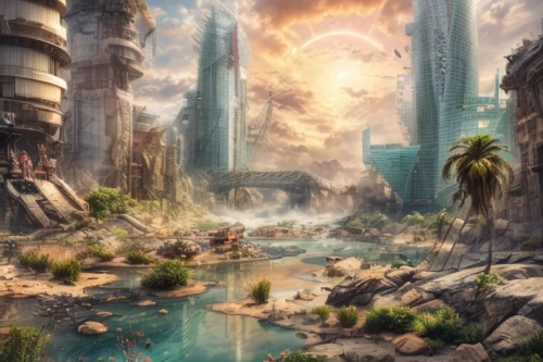 fantasy landscape,futuristic landscape,ancient city,fantasy city,fantasy world,fantasy picture,atlantis,oasis,3d fantasy,metropolis,world digital painting,post-apocalyptic landscape,fantasy art,terraforming,landscape background,utopian,destroyed city,dystopia,fractal environment,environment