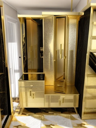 walk-in closet,gold lacquer,gold paint stroke,storage cabinet,cabinets,cabinetry,metal cabinet,room divider,cabinet,armoire,gold wall,gold bar shop,gold foil corner,cupboard,secretary desk,entertainment center,kitchen cabinet,gilding,gold stucco frame,gold business
