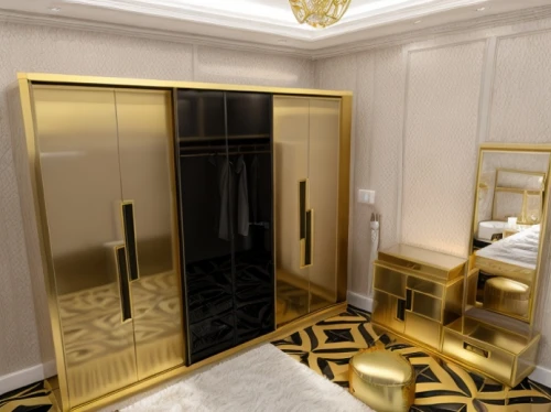 luxury bathroom,room divider,gold lacquer,gold stucco frame,gold wall,metallic door,luxury hotel,luxury home interior,gold paint stroke,art deco,hinged doors,interior decoration,luxurious,interior design,3d rendering,bridal suite,luxury,luxury property,walk-in closet,ornate room