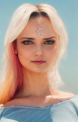 portrait background,women's eyes,image manipulation,elsa,mermaid background,artificial hair integrations,heterochromia,photoshop manipulation,woman face,beach background,natural cosmetic,blonde woman,solar,om,barbie,color 1,bindi,aquarius,fae,rose png